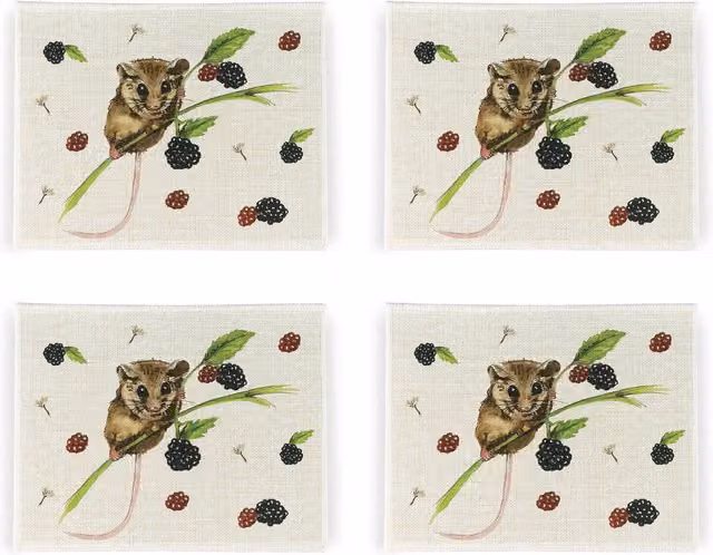 Purely Home Dormouse and Berries Floral Linen Placemats, Set of 4, White and Multicolour