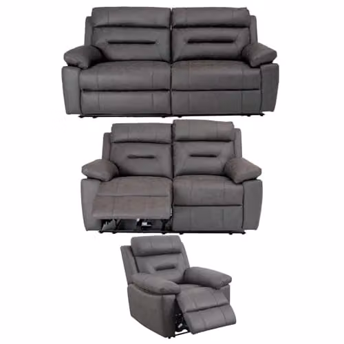 Furnishings For Less UK Lucy 3 Piece Electric Power Recliner Sofa Suite in Grey Fabric with USB Charging Ports, including 3 Seater Sofa, 2 Seater Sofa and Armchair