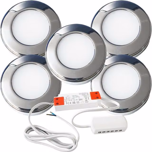 Loops 5x Chrome Round LED Under Cabinet Kitchen Light and Driver Kit with Natural White Light