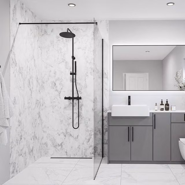Wetwall Elite Double Post Formed Onyx Nebbiosa Shower Panel in White Stone Look