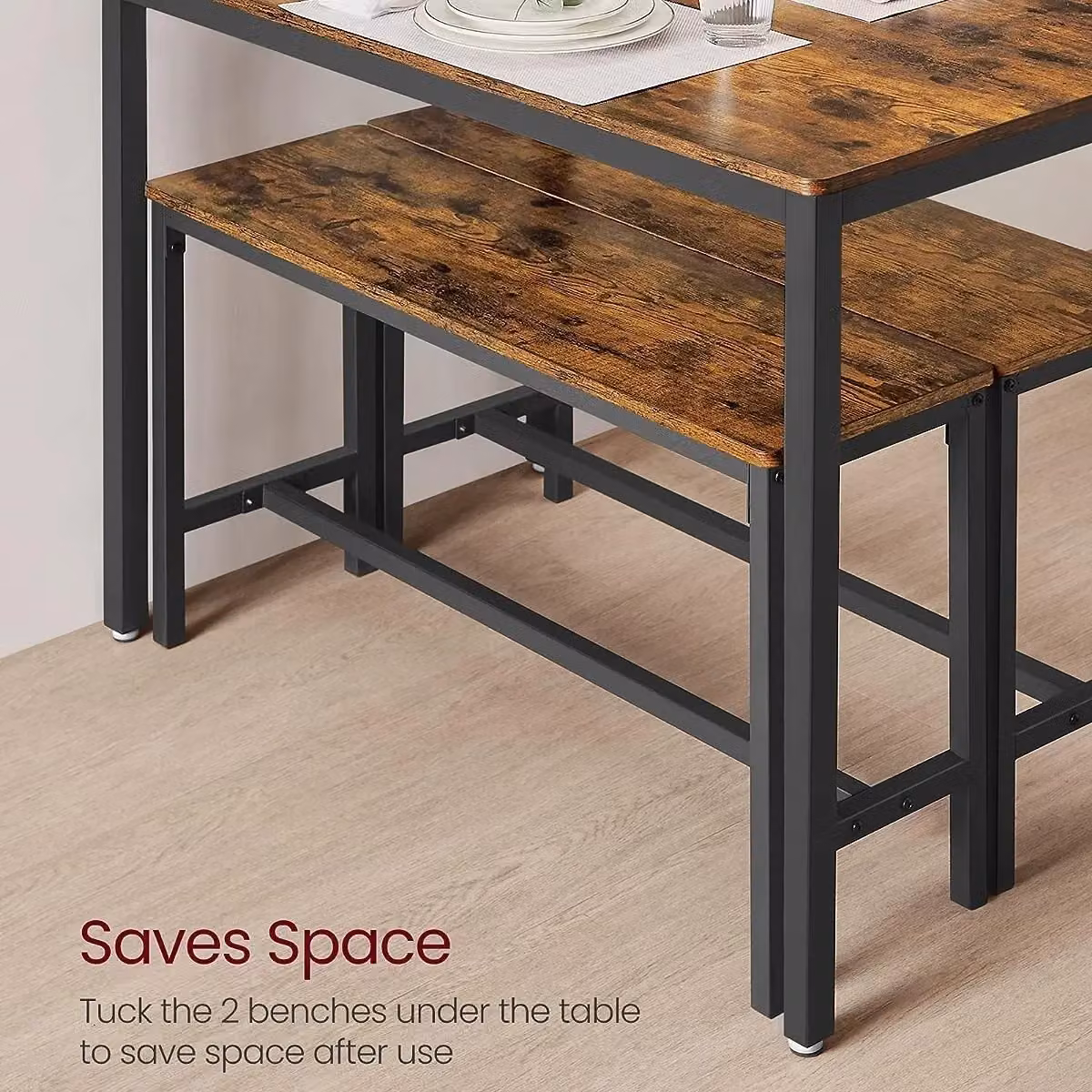VASAGLE 3 Piece Industrial Style Dining Table and Benches Set in Dark Brown – 4