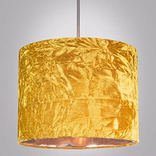 Happy Homewares Modern Mustard Yellow Crushed Velvet Circular Drum Lampshade with Copper Inner, Diameter: 25.4 cm – 3