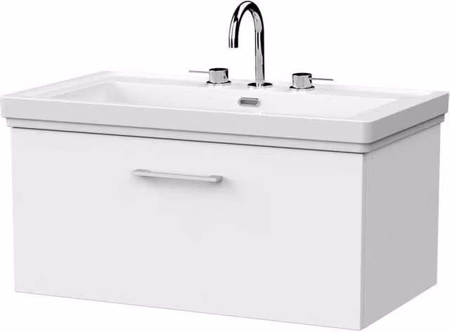 Balterley Pershall Wall Mounted 1 Drawer Vanity Unit and 3TH Fireclay Basin, Matt White, Width: 80 cm