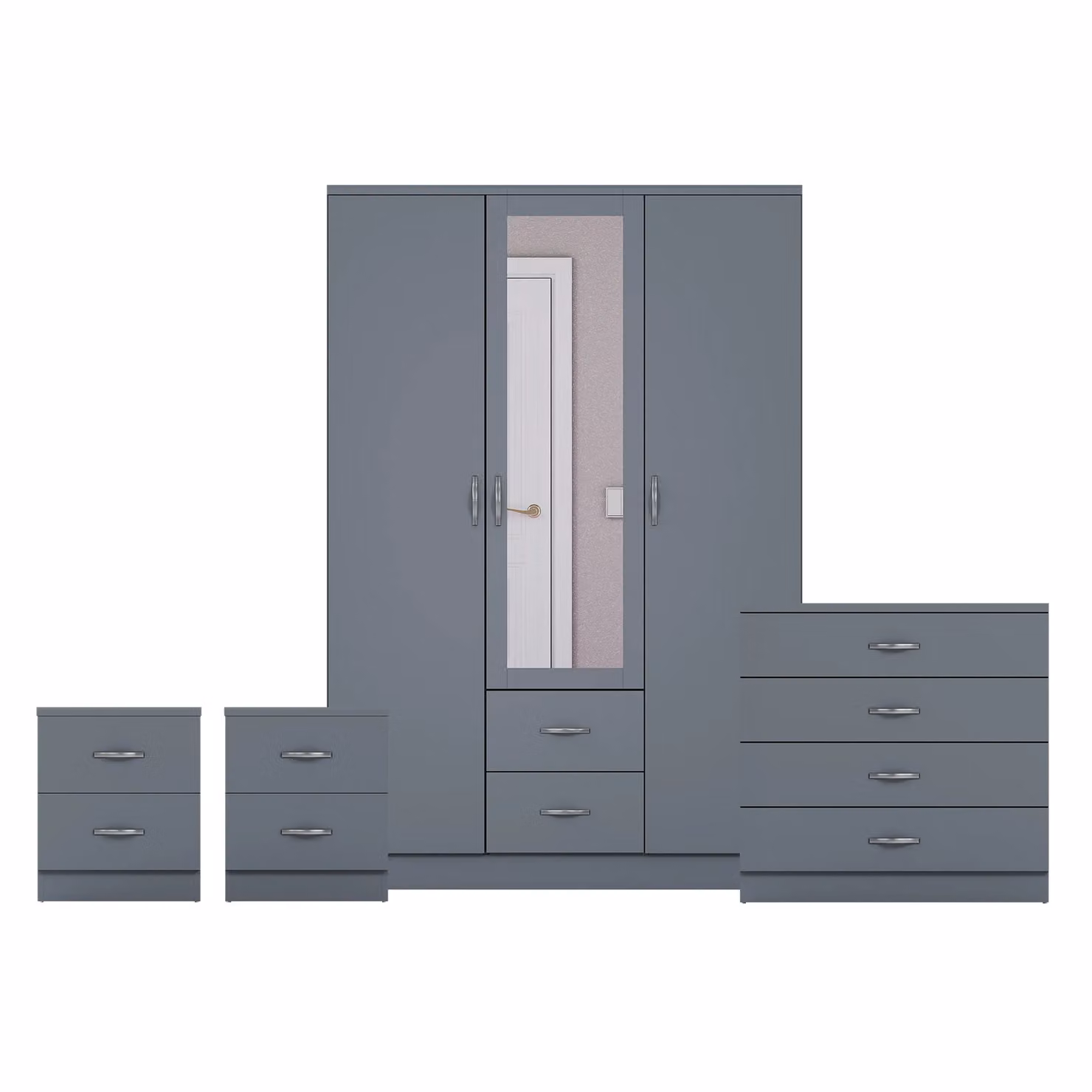 Vida Designs 4 Piece Modern Grey Bedroom Set including 2 Bedside Tables, 4 Drawer Chest and 3 Door Mirror Wardrobe – 2