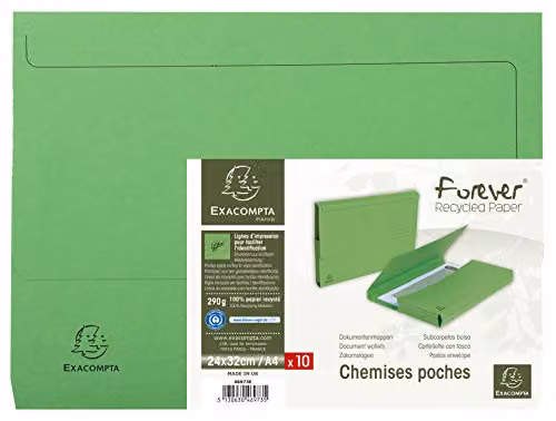 Exacompta Forever 32 mm Gusseted Pocket Folders for A4, Pack of 10, Bright Green, W: 24 cm, H: 32 cm