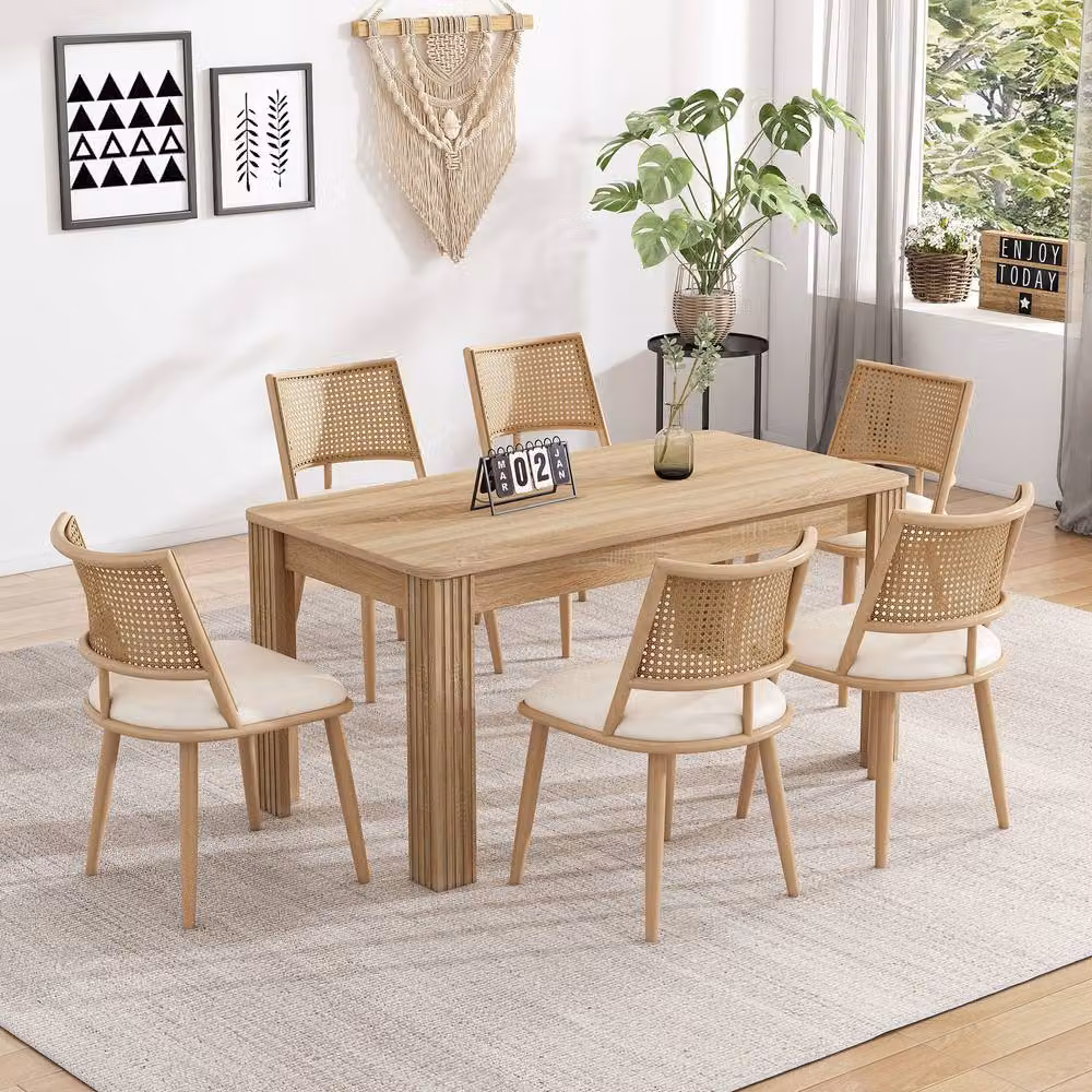 Merax Set of 6 Faux Rattan Dining Chairs with PU Leather Cushions in Beige – 2