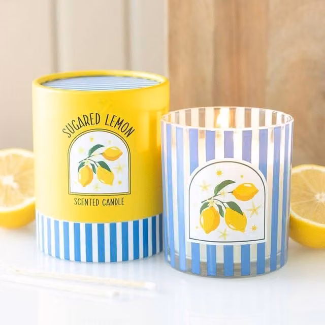 Uniqueful Blue Striped Glass Sugared Lemon Scented Fruity Candle, 100g
