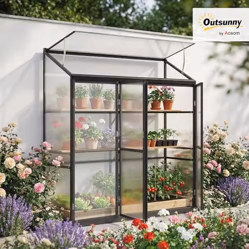 Outsunny Black Polycarbonate Lean-to Pent Greenhouse with 3 Hinged Doors and Top Vent, W/D/H: 182.88 x 45.72 x 180 cm – 2