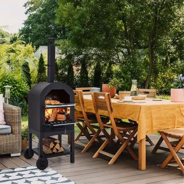 COSTWAY Portable Charcoal Pizza Oven in Black with Thermometer and Wheels