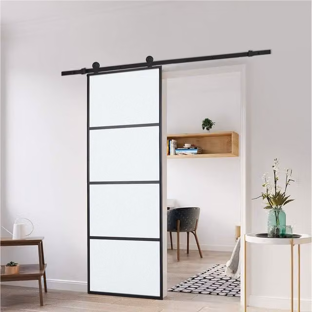 Livingandhome Black Frame Glass Barn Door with Sliding Hardware Kit in Grey and Black