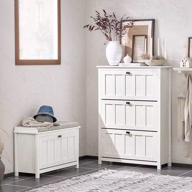 SoBuy Modern White Slim Shoe Cabinet with Tilting Compartments and Internal Shelves – 1