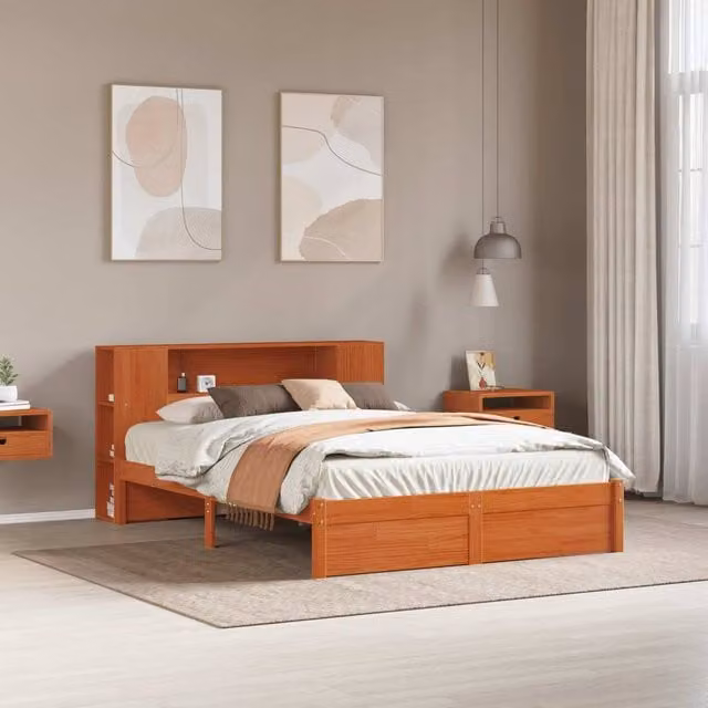 Berkfield Home Solid Pine Bed Frame with Storage Headboard and Side Compartments, Wax Brown, 140 x 190 cm – 1