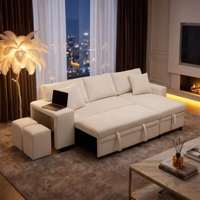 FENCHILIN L-Shaped Pull-out Sofa Bed with Reversible Chaise, 2 Ottomans and USB Charging, Beige