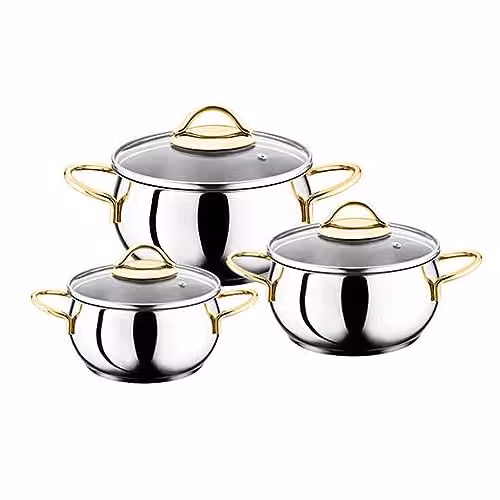Evimsaray Sevval Series 6-Piece Stainless Steel Mini Cookware Set with Glass Lids and Gold Handles in Silver – 2