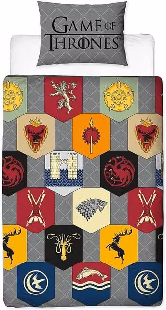 Game of Thrones Icons Reversible Graphic Duvet Cover Set, Grey, Black and Brown, W: 140 cm x L: 200 cm