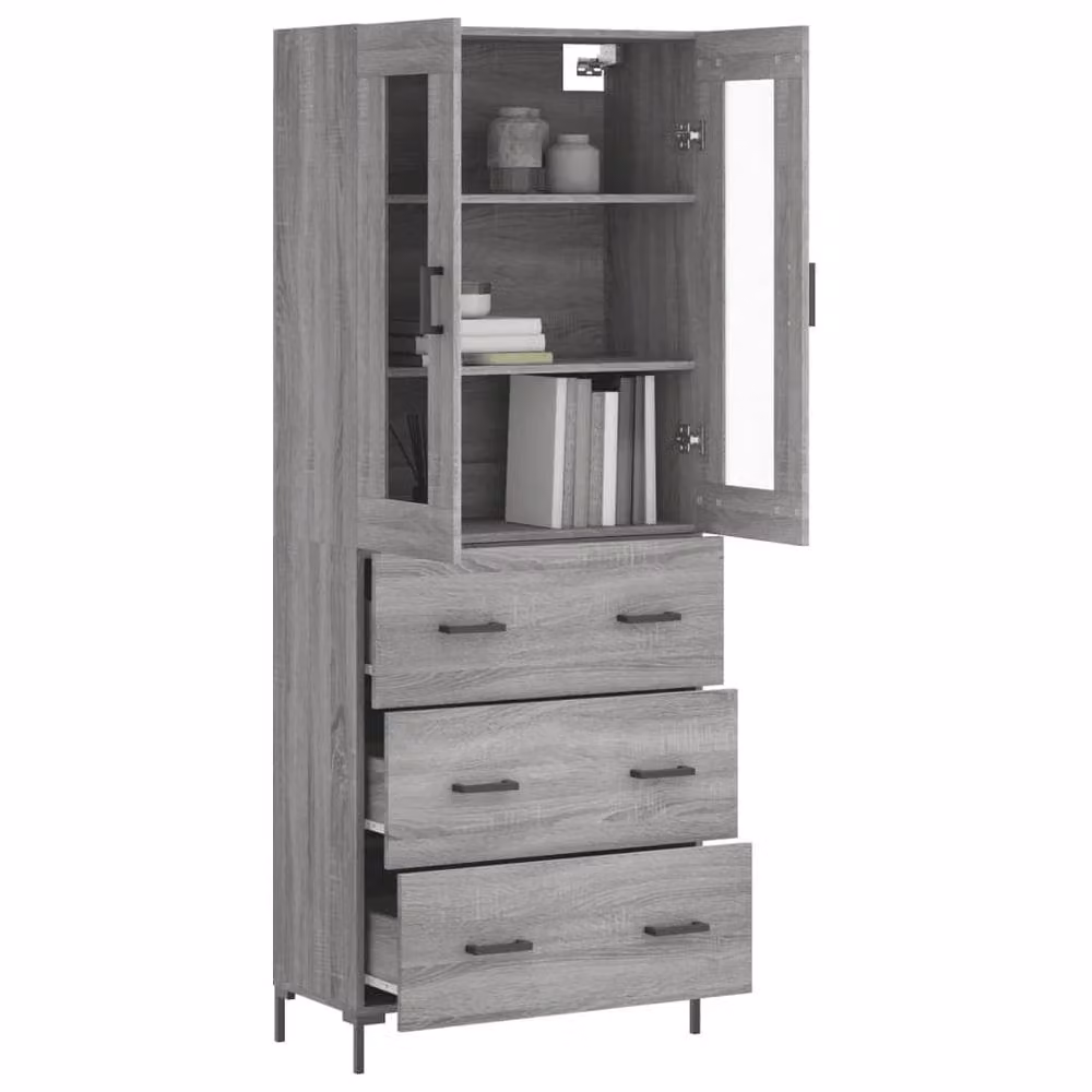 Berkfield Home Sonoma Grey Highboard with Glass Doors and Internal Shelves, W/D/H: 69.5 x 34 x 180 cm – 3