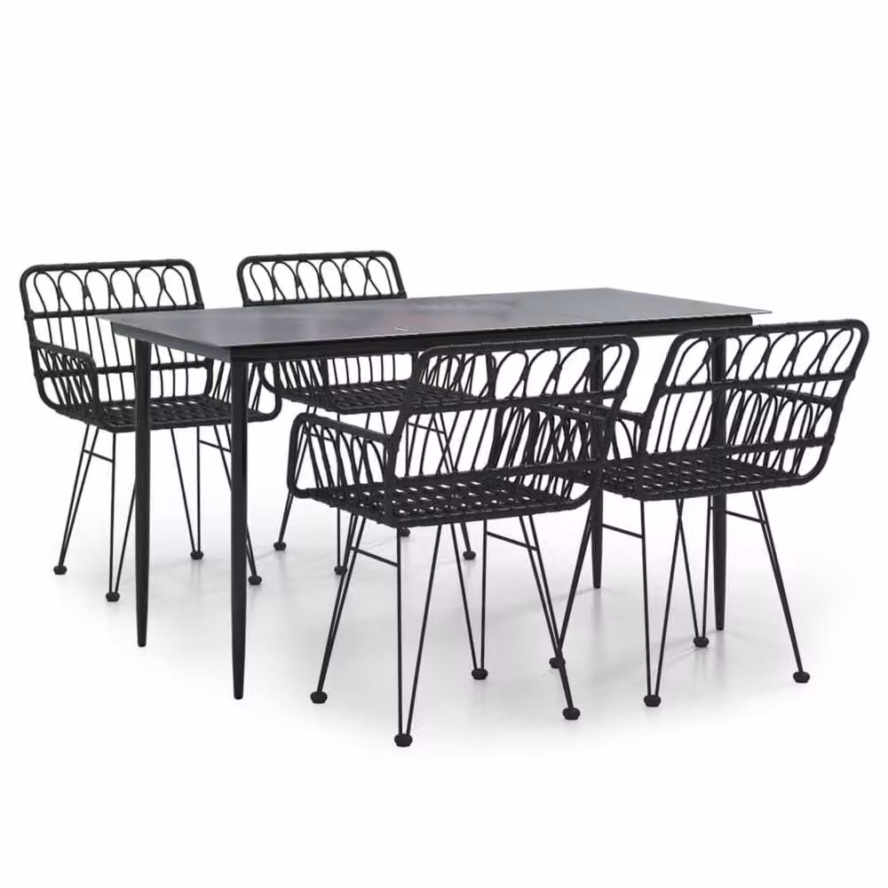 Berkfield Home Beautiful 5 Piece Black Poly Rattan Garden Dining Set with Glass Top Table – 3