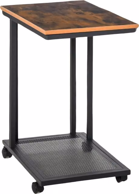 Pirlo Plush Industrial C Shaped Side Table with Mesh Shelf and Castors, Brown