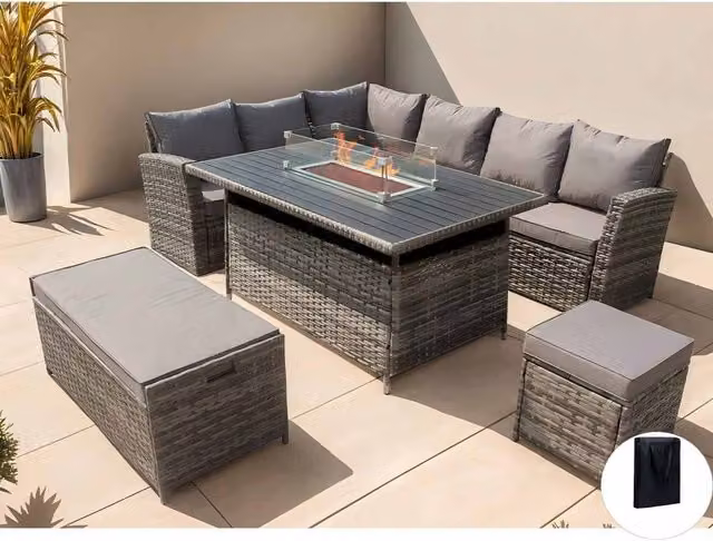 Furniture Maxi Rosen 9 Seater Rattan Garden Furniture Set with Grey Corner Sofa, Aluminium Fire Pit Dining Table and Storage Box – 1