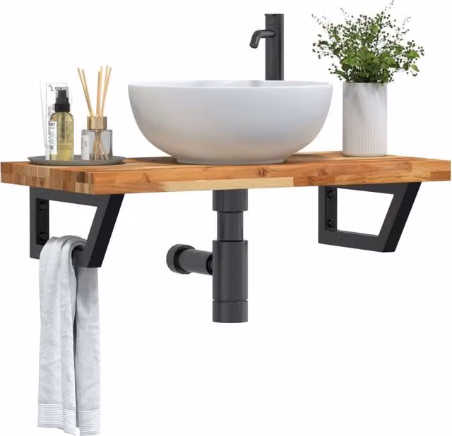 Berkfield Home Wall Mounted Basin Shelf in Brown Acacia Wood and Steel – 1