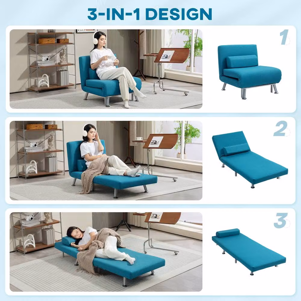 STILVORA 3-in-1 Blue Fabric Chair Bed with Five-Position Back and Metal Frame – 5
