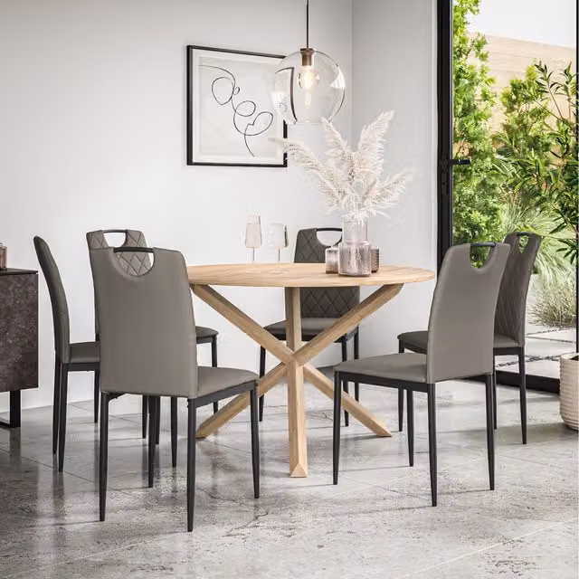 More4Homes Malvern Round Oak Effect Dining Table Set with 6 Chairs, Grey, W/D/H: 120 x 120 x 75 cm