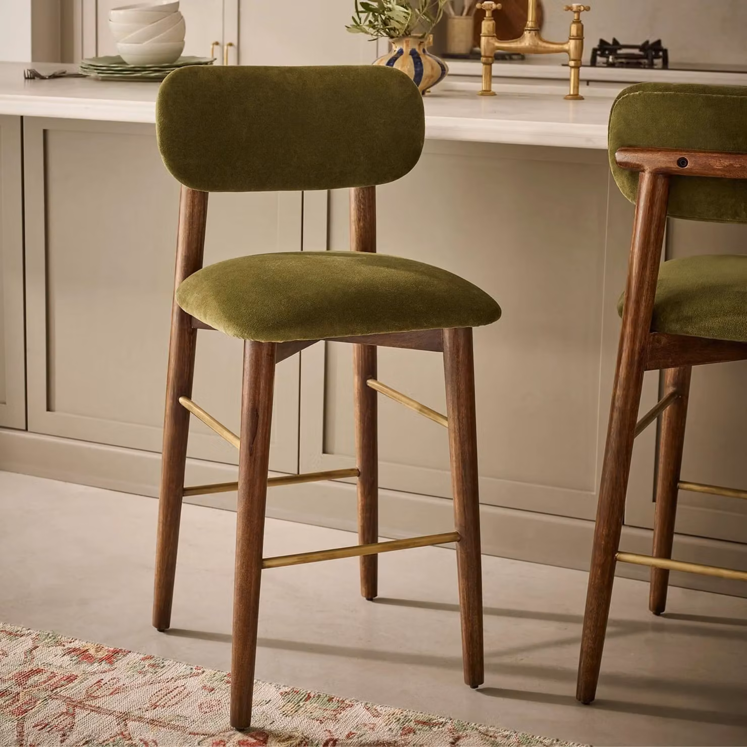 Atkin and Thyme Layla Bar Stool in Green Velvet with Mango Wood and Metal Details