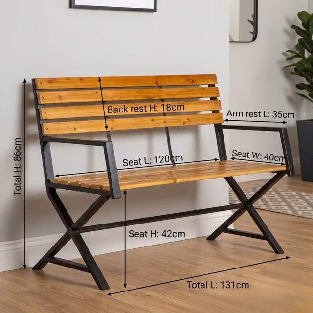 Samuel Alexander Kendal 2 Seater Indoor Bench with Armrests in Brown and Black, Wood and Metal Construction, W/D/H: 120 x 40 x 86 cm