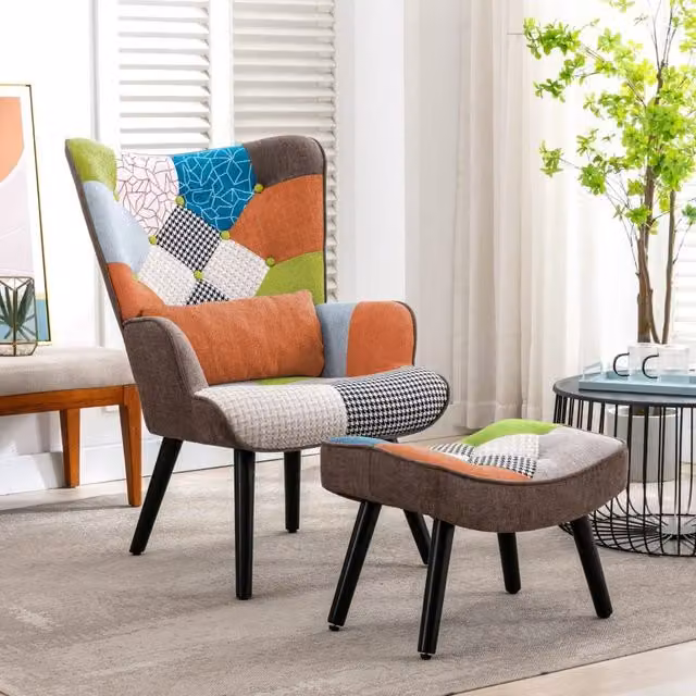 HomeMiYN Mid-Century Patchwork Fabric Single-Seater Sofa with Ottoman in Orange and Brown – 1