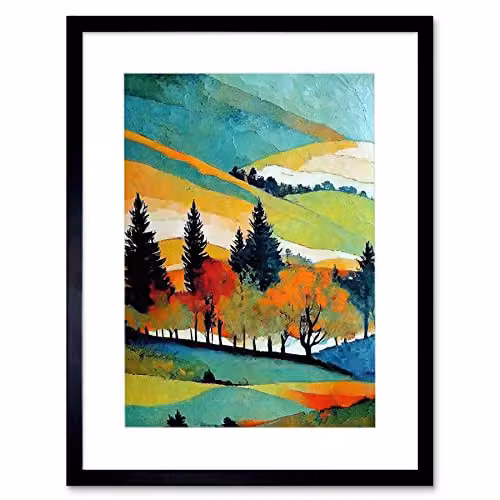 Wee Blue Coo Colourful Autumn Landscape Scotland Hillside Forest Framed Oil Painting Wall Art Print, W/H: 30.5 x 40.6 cm