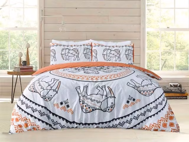 Smart Living Reversible Tribal Elephant Polycotton Duvet Cover and Pillowcase Set in Orange and White, W/D/H: 200 x 200 cm – 1
