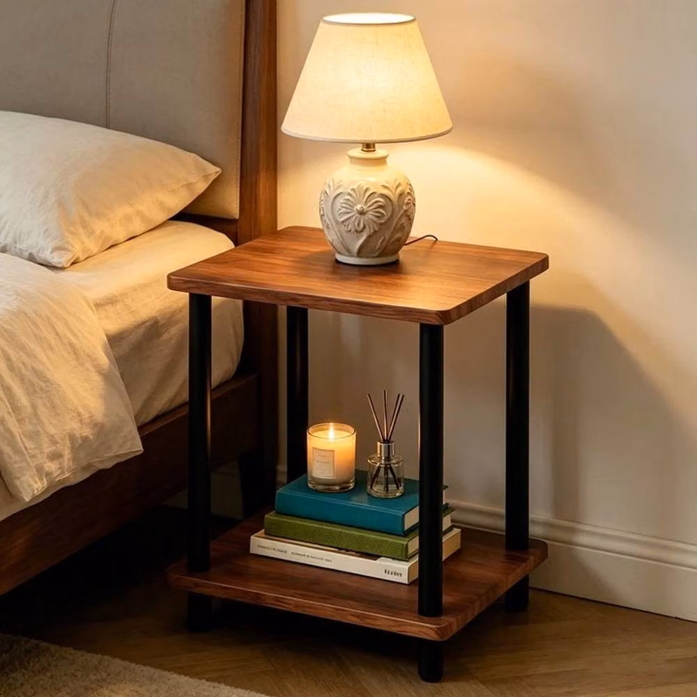 KORVIXA 2 Tier Modern Brown Wood Side Table and Nightstand W/D/H: 100 x 100 x 100 cm – 3