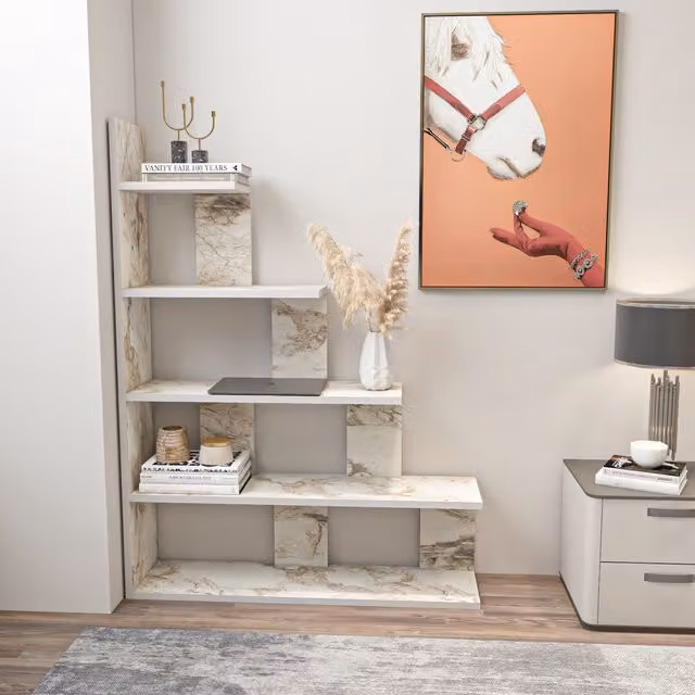 Decorotika Yankee Ladder Bookshelf in White and Grey Marble Effect