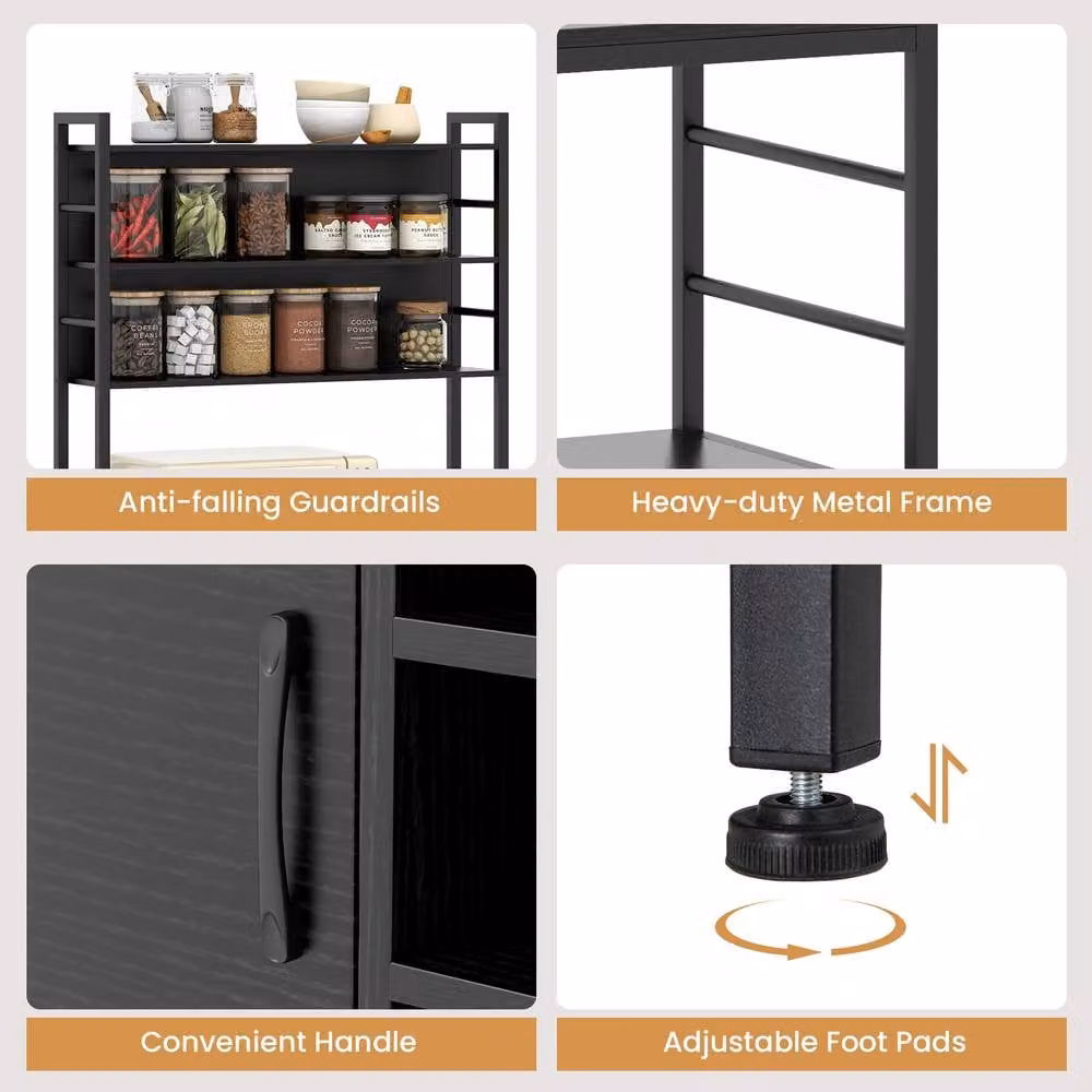 Gymax Black Metal Bakers Rack Bar Cabinet and Microwave Stand with Power Outlet – 6