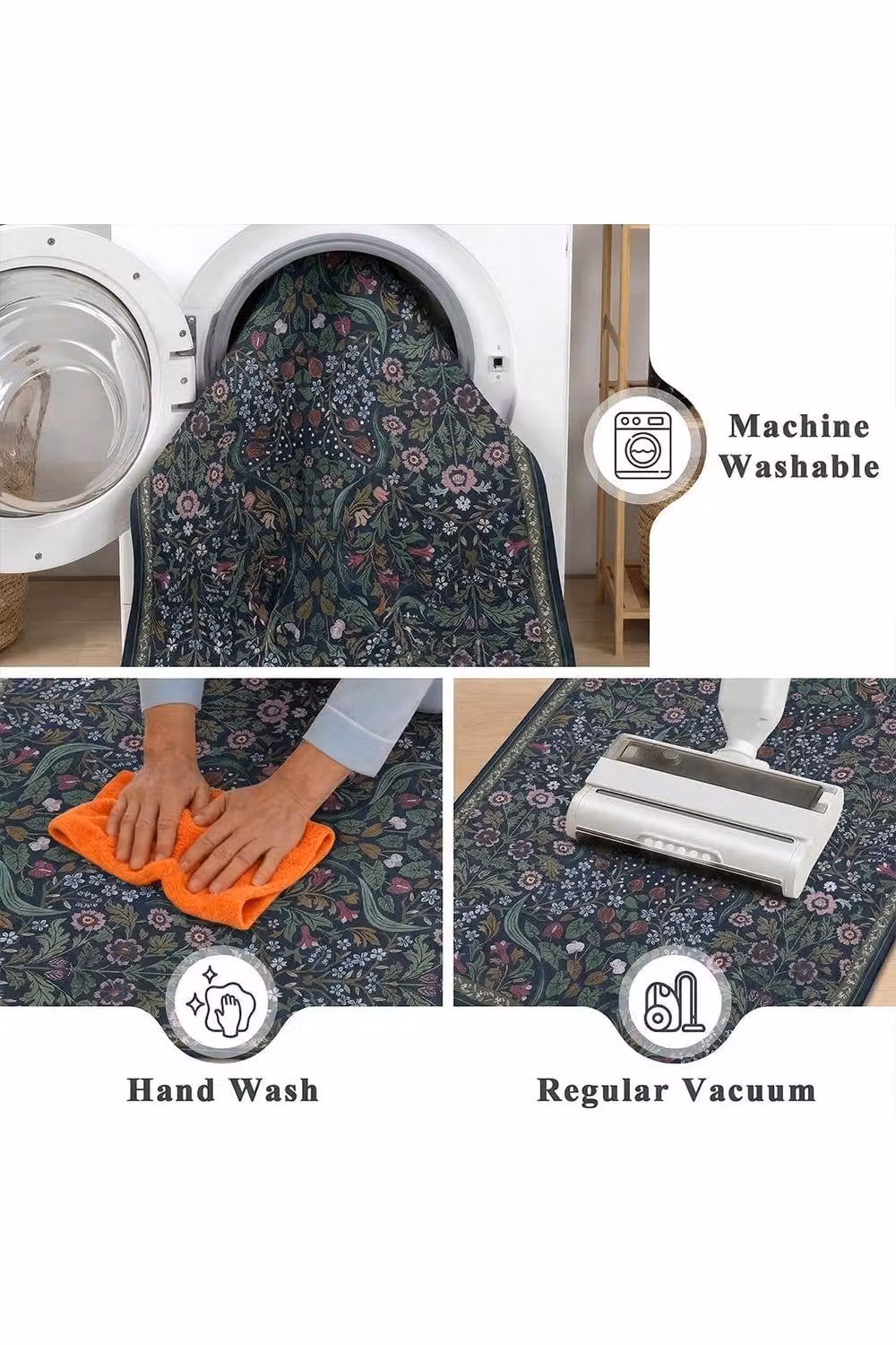 Living and Home Washable Floral Rectangular Rug with Non-Slip Backing in Green, W: 100 cm, L: 160 cm – 3