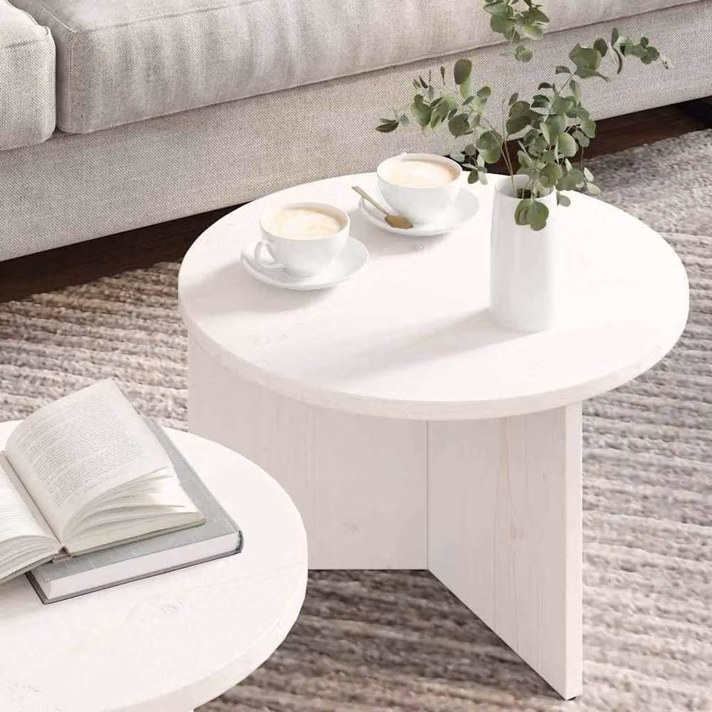 Berkfield Home 2-Piece White Solid Pine Wood Round Nested Coffee Table Set – 3