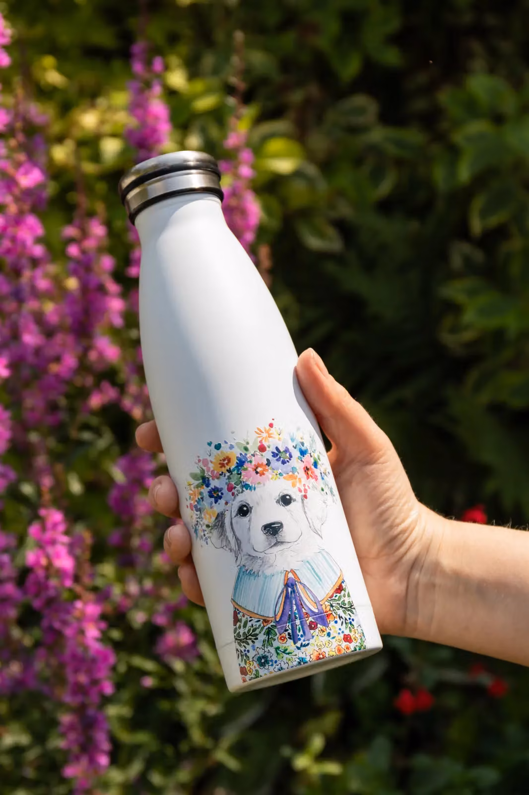 Mikasa Tipperleyhill Insulated Stainless Steel Water Bottle with Puppy Illustration, White and Multicolour, 500ml – 4