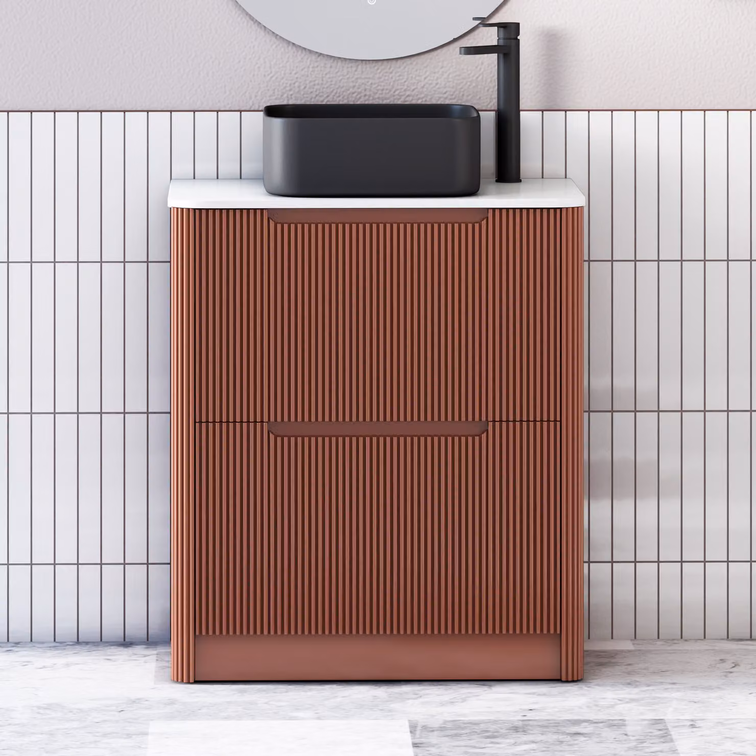 Royal Bathrooms Avenza Terracotta Clay Floor Standing Vanity Unit with 2 Drawers, Plain White Worktop and Art Square Basin, Width: 80 cm