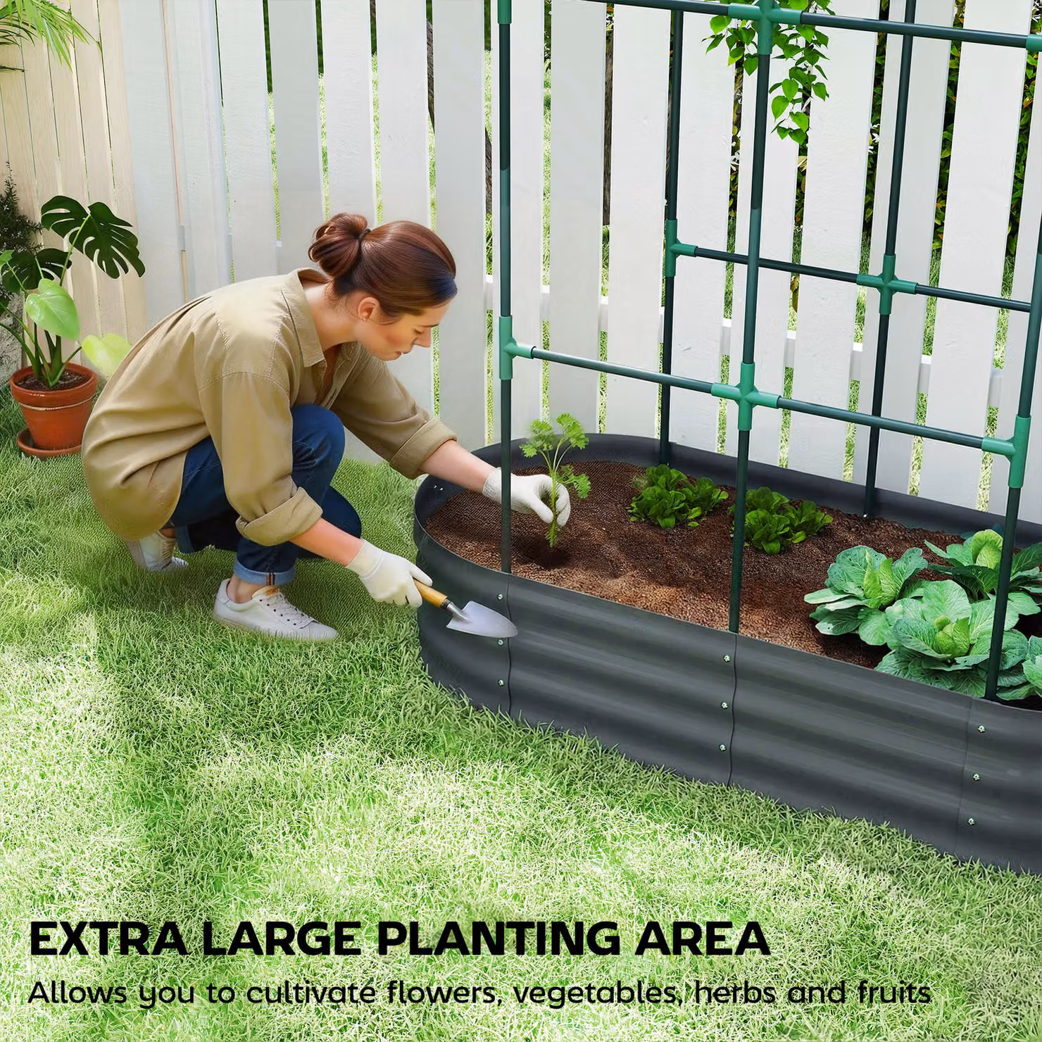 Outsunny Galvanised Steel Raised Garden Bed with Arched Trellis in Dark Grey, W: 121.92 cm, D: 60.0 cm, H: 140.2 cm – 4