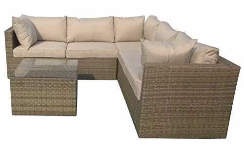 Chusstang Modern L-Shape Rattan Garden Furniture Set with Sand Beige Upholstered Cushions and Powder Coated Aluminium Frame – 3