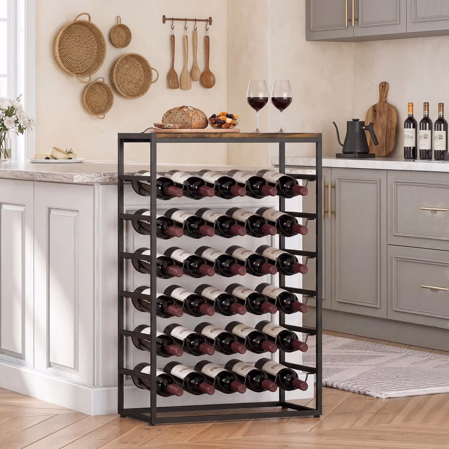 HOMCOM 6 Tier Freestanding Wine Rack for 30 Bottles with Wood Effect Tabletop in Rustic Brown and Black – 2