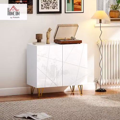 HOMCOM Modern Glossy White and Gold Storage Cabinet with Adjustable Shelf, W/D/H: 80 x 40 x 75 cm – 2
