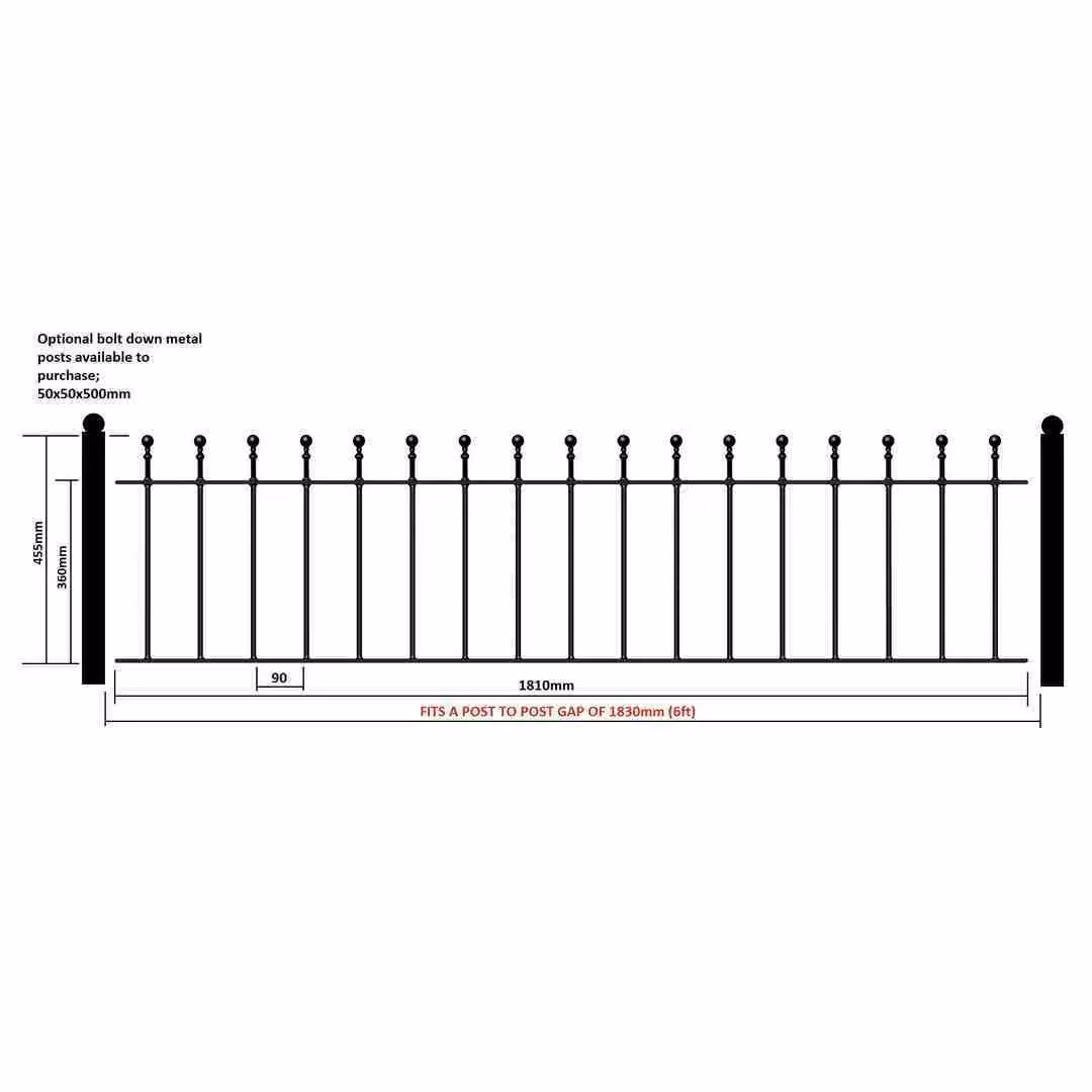 Burbage Iron Craft Manor Ball Top Garden Fencing Panel, Black Galvanised Steel, W: 183 cm, H: 45.5 cm – 3