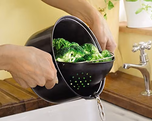 mysmartbuy 3 in 1 Black Saucepan with Removable Strainer and Glass Lid, 3 L