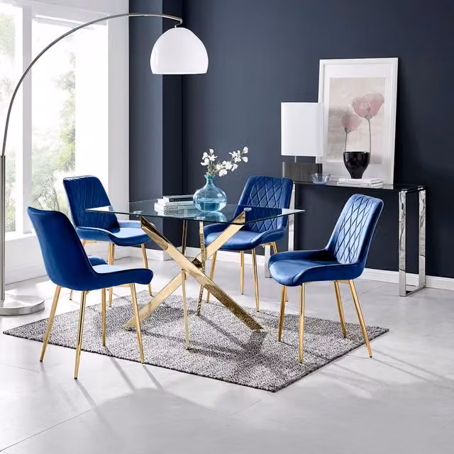 FurnitureboxUK Leonardo Dining Table with Four Pesaro Gold Leg Chairs, Navy Blue and Transparent Glass, W/D/H: 120 x 70 x 75 cm
