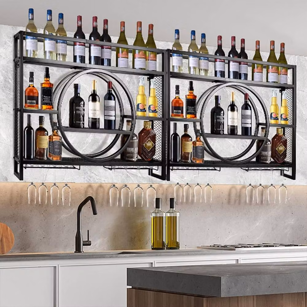 Ventryn Industrial Wall Mounted Red Wine Rack Cabinet in Matt Black with Integrated Lighting – 3