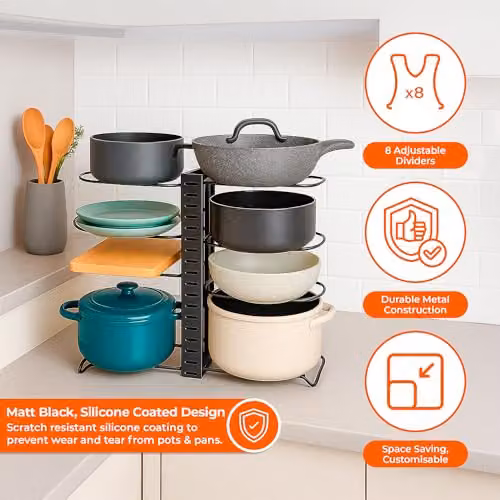 Innoteck Pots and Pans Organiser Rack with 8 Adjustable Dividers, Expandable Pan and Lid Storage Holder for Kitchen Cupboards and Cabinets, Matt Black, W: 54.5 cm, D: 20 cm, H: 42 cm – 1