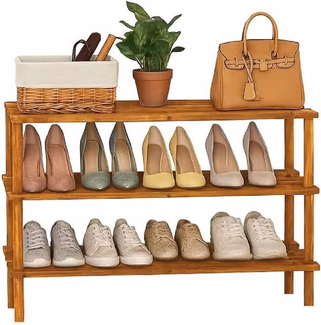 BARGAINS-GALORE 3 Tier Wooden Shoe Rack Footwear Storage Organiser in Brown Walnut Effect – 1