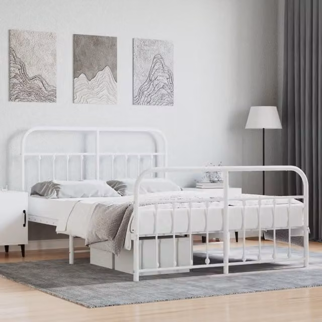Berkfield Home Metal Bed Frame with Headboard and Footboard in White, W/D/H: 140 x 190 cm – 1