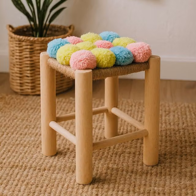 Orsina Multicolour Pink and Yellow Pom Pom Stool with Wood Frame